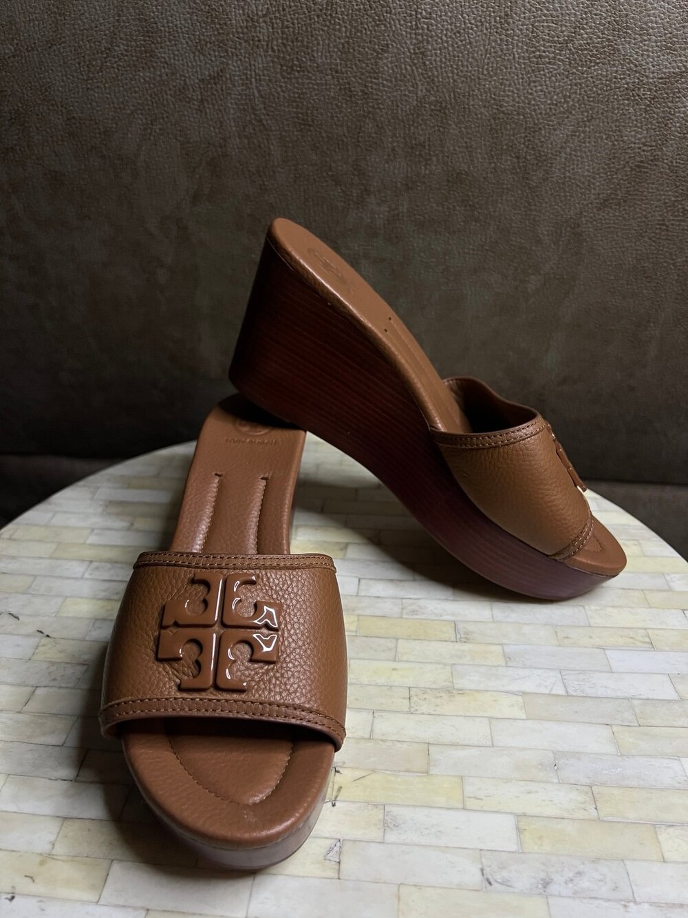 Tory Burch Lowell 2 80mm Wedge Slide Sandals in the color Royal Tan